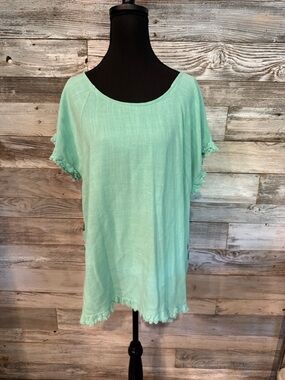 Umgee Mint Green Short Sleeve Fringe Hem Tunic Top